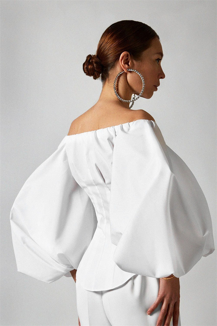 Spring And Summer New Design Sense Long Sleeve Bubble Lantern Sleeve Off-shoulder Women's Clothing Shirt