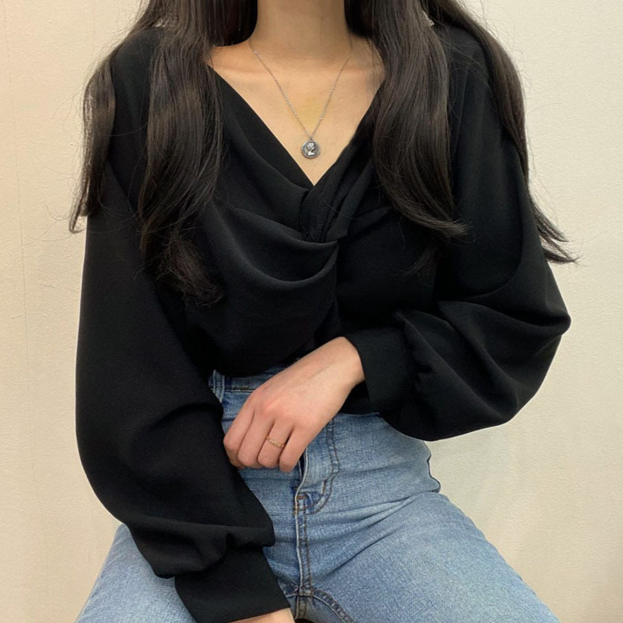 Pleated V-neck Twist Design Loose Casual Solid Color Long Sleeve