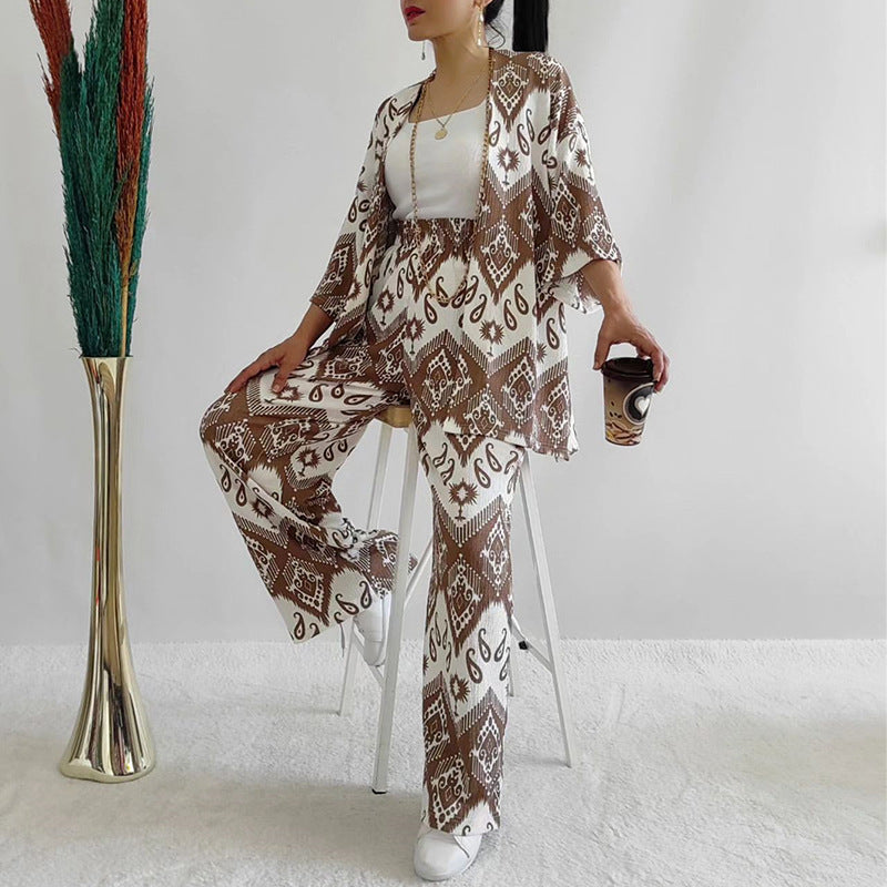Women's Fashion Casual Loose Floral Print Mid-length Sleeves Shirt Wide Leg Pants Suit