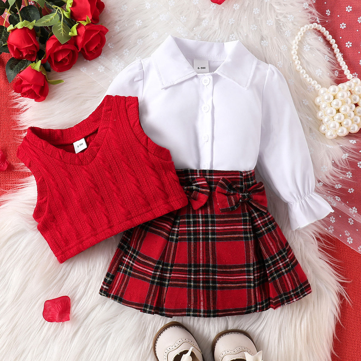 Fashionable Red Vest And Plaid Skirt Set