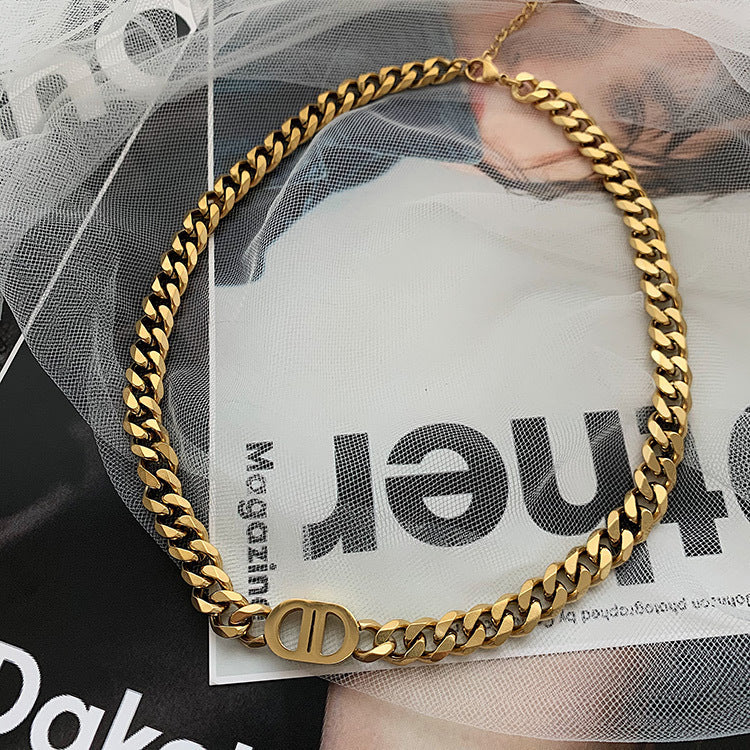 European And American Gold Thick Chain Letter Double D Titanium Steel Necklace Women