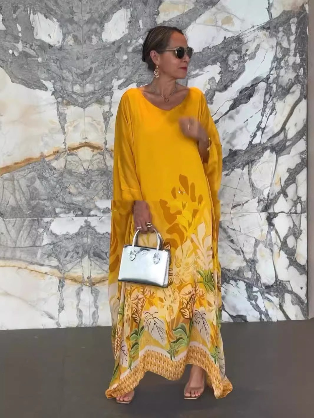 Women's Loose Round Neck Robe Long Sleeve Printed Dress