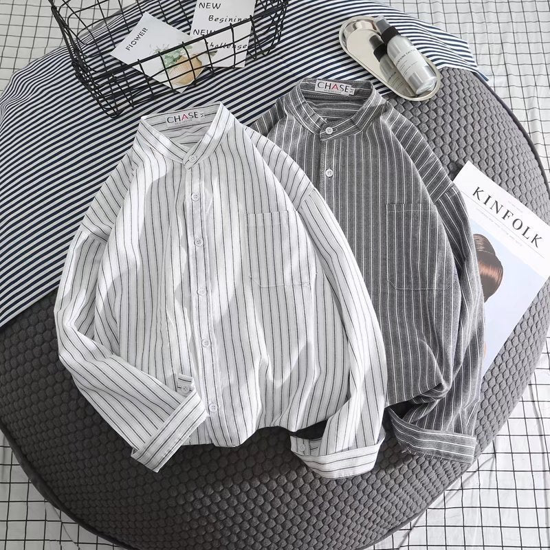 Striped White Shirt Men's Shirt Long Sleeve Casual Loose Coat