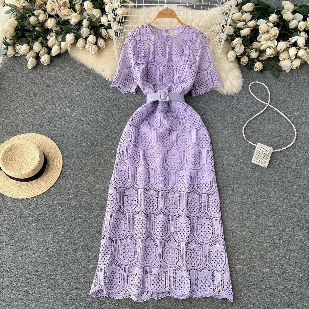 Round Neck Long Sleeve Lace Short Sleeve Crocheted Waist-slimming Long Dress