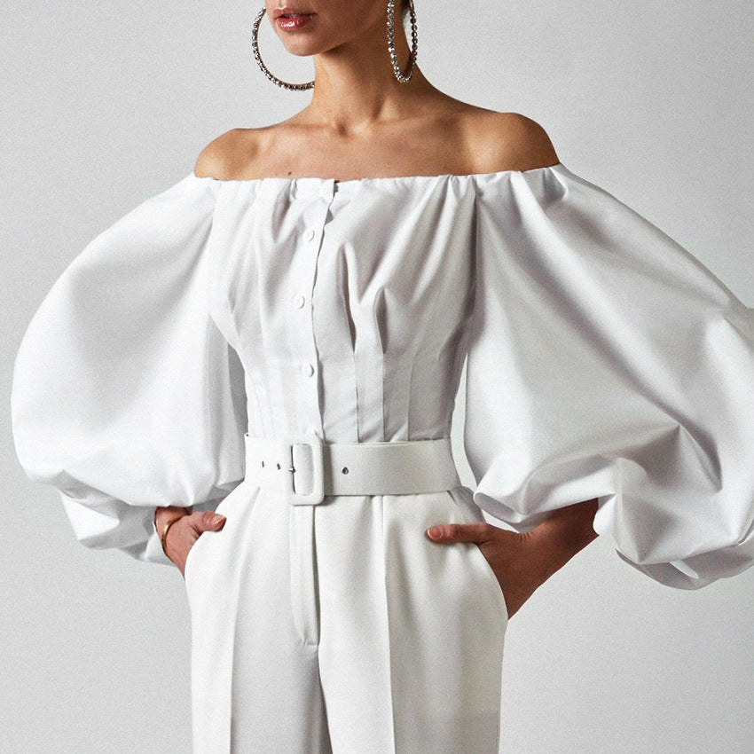 Spring And Summer New Design Sense Long Sleeve Bubble Lantern Sleeve Off-shoulder Women's Clothing Shirt