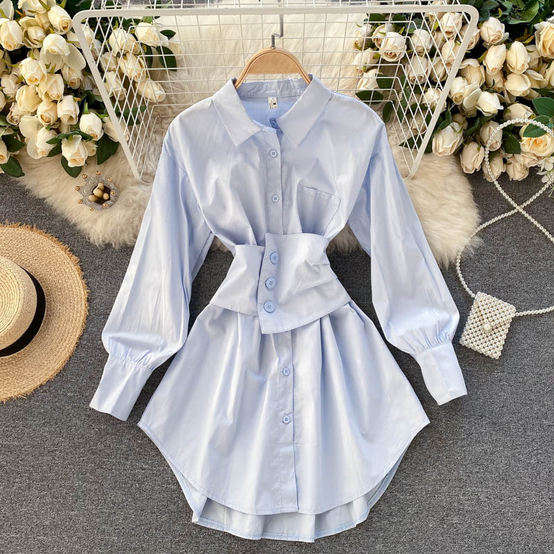 long-sleeved shirt-dress with narrow waist