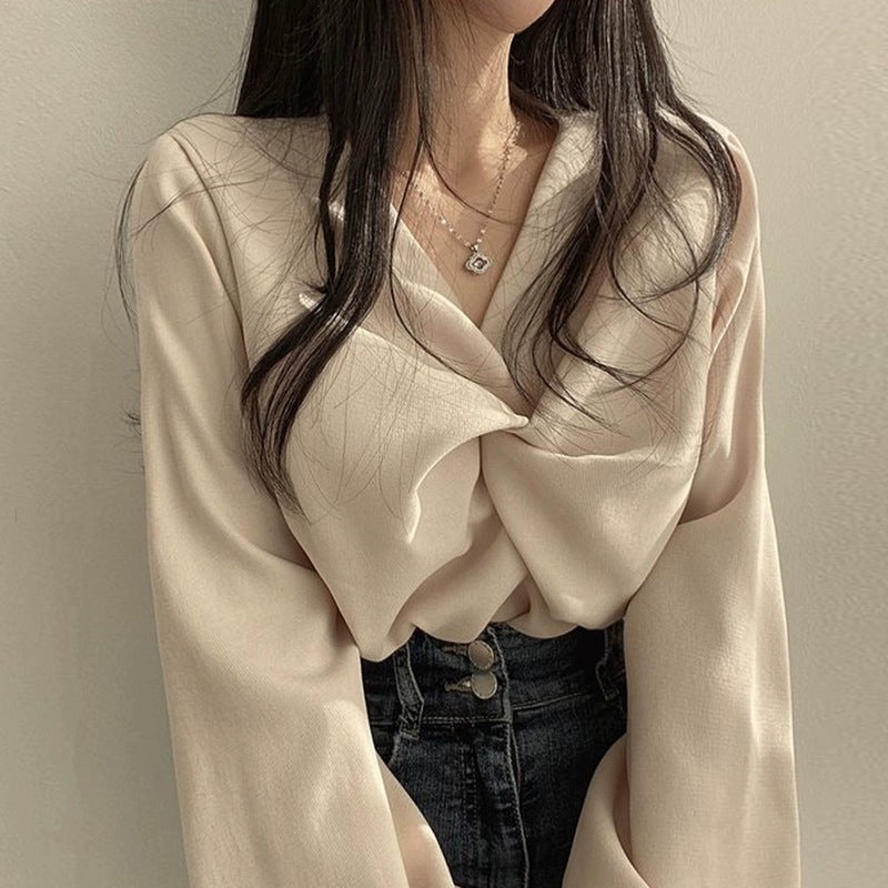 Pleated V-neck Twist Design Loose Casual Solid Color Long Sleeve