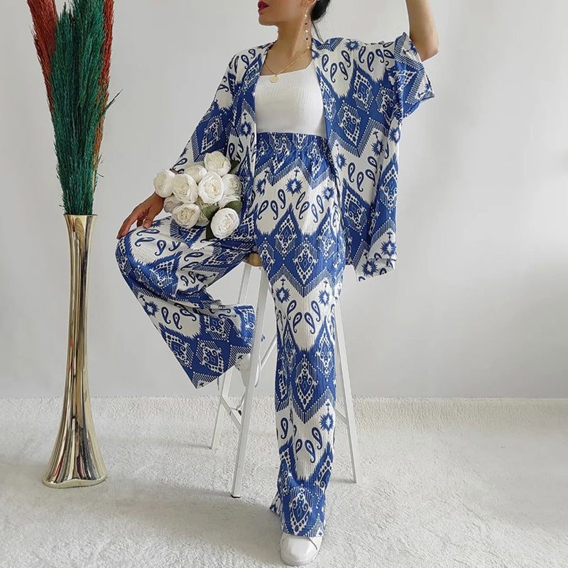 Women's Fashion Casual Loose Floral Print Mid-length Sleeves Shirt Wide Leg Pants Suit