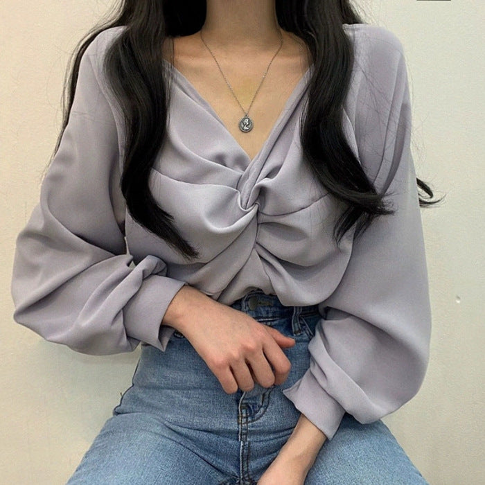 Pleated V-neck Twist Design Loose Casual Solid Color Long Sleeve
