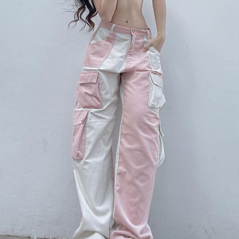 Street Shot Fashionable Color Contrast Multi Pocket Cargo Pants