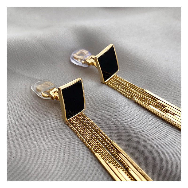 Retro Exaggerated Personality Geometric Square Black Long Tassel Fake Earrings