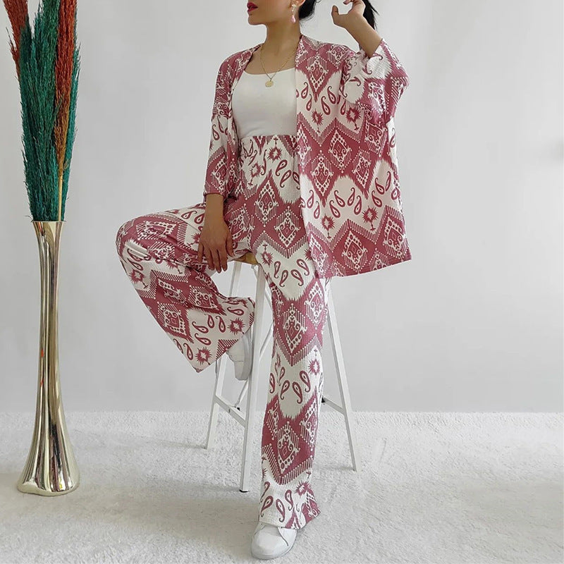 Women's Fashion Casual Loose Floral Print Mid-length Sleeves Shirt Wide Leg Pants Suit