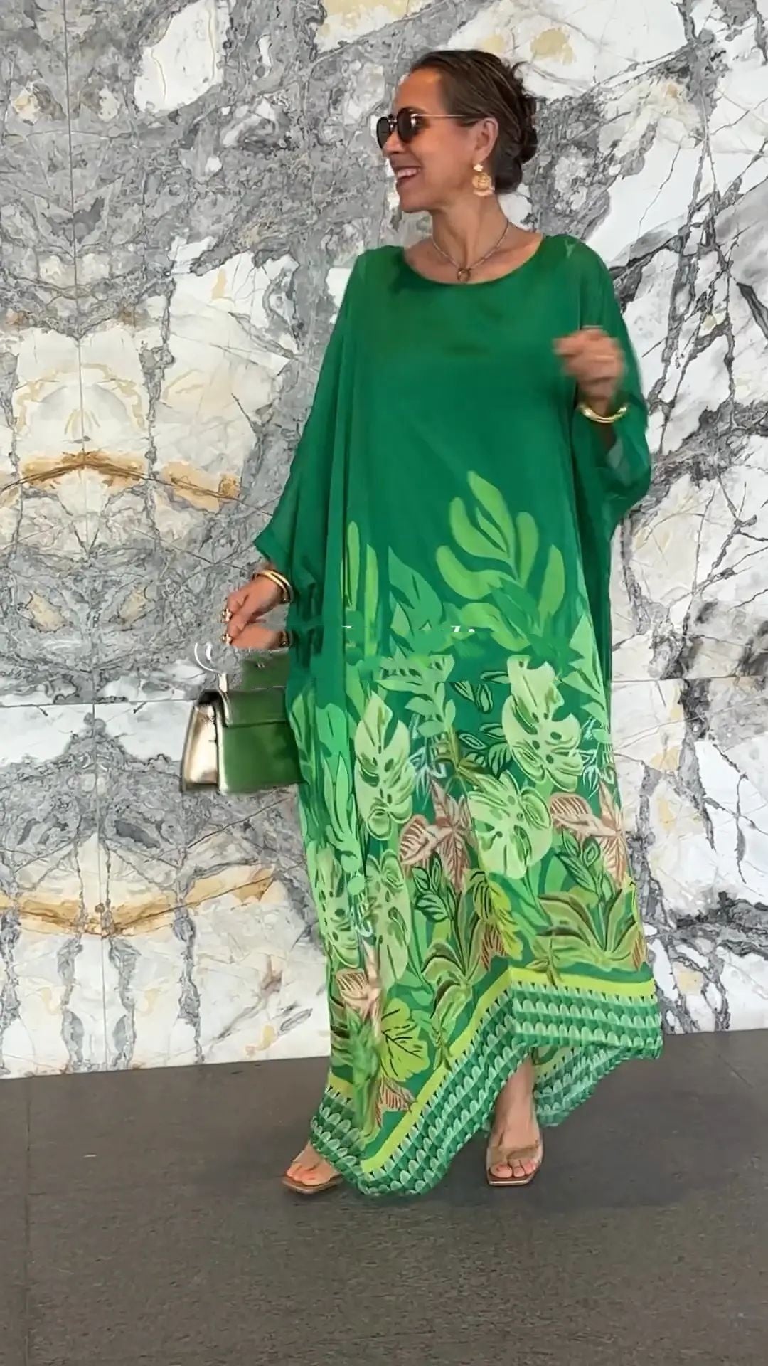 Women's Loose Round Neck Robe Long Sleeve Printed Dress