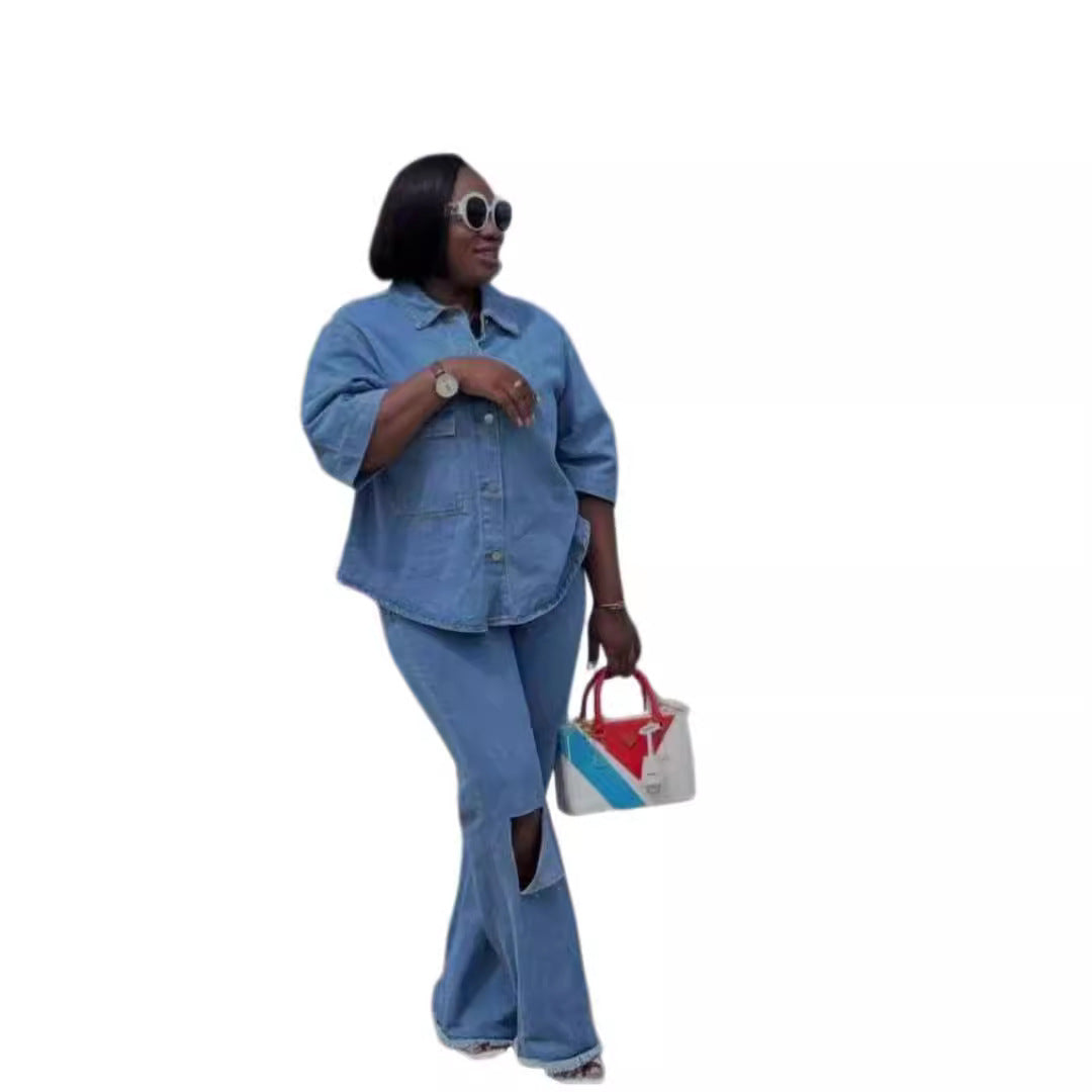 Personality Shirt Top Ripped Denim Trousers Two-piece Set