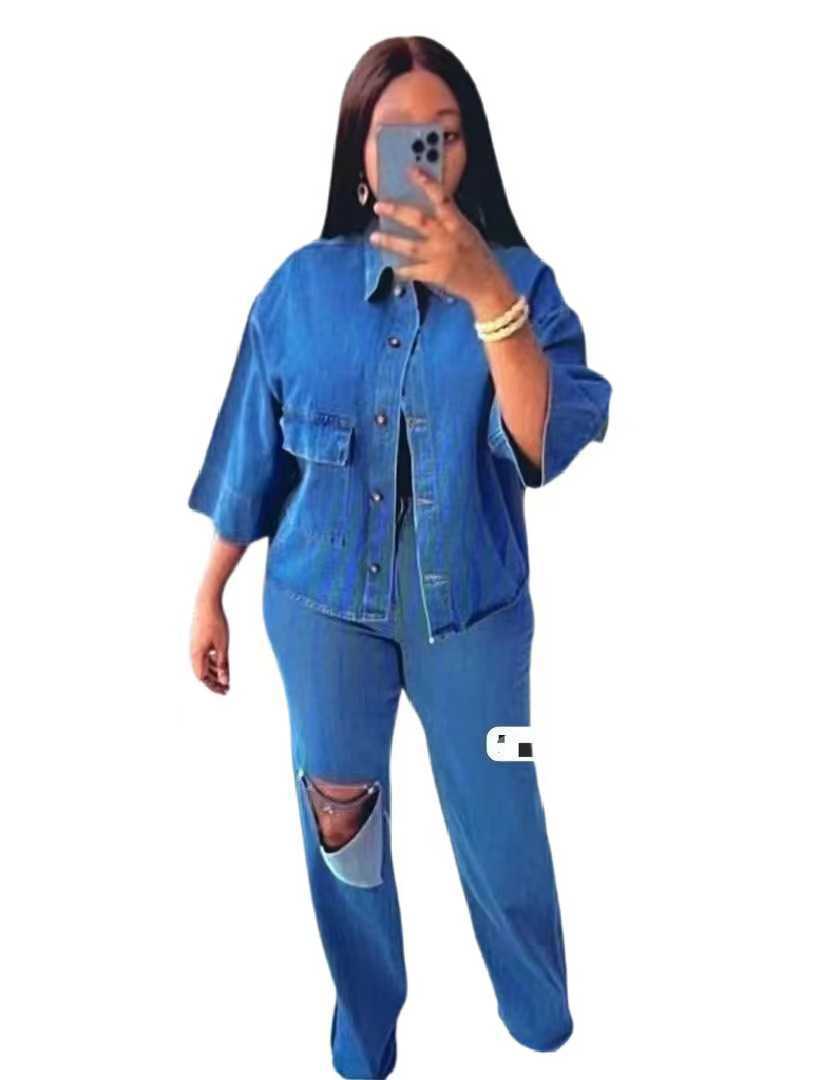 Personality Shirt Top Ripped Denim Trousers Two-piece Set