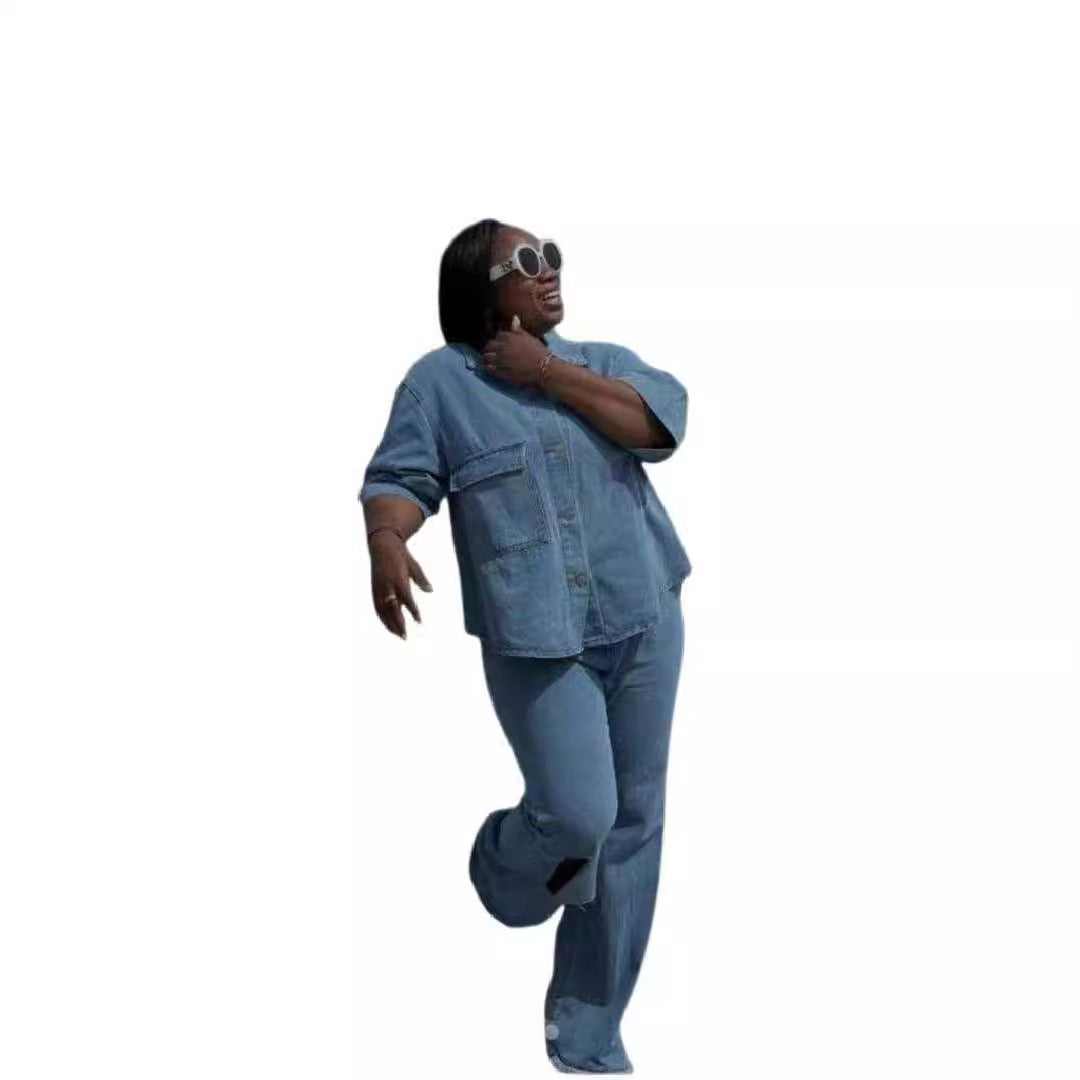 Personality Shirt Top Ripped Denim Trousers Two-piece Set