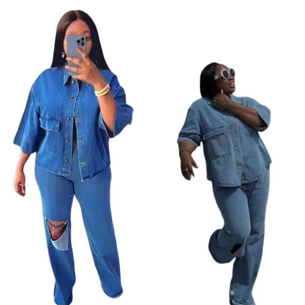 Personality Shirt Top Ripped Denim Trousers Two-piece Set