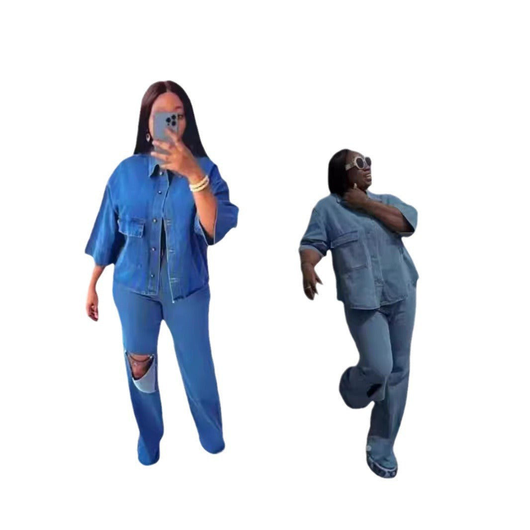 Personality Shirt Top Ripped Denim Trousers Two-piece Set