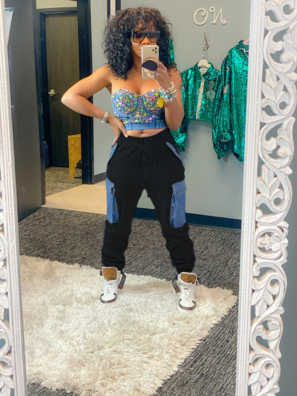 Women's Street Cool Imitation Denim Large Pocket High Waist Tooling Pants