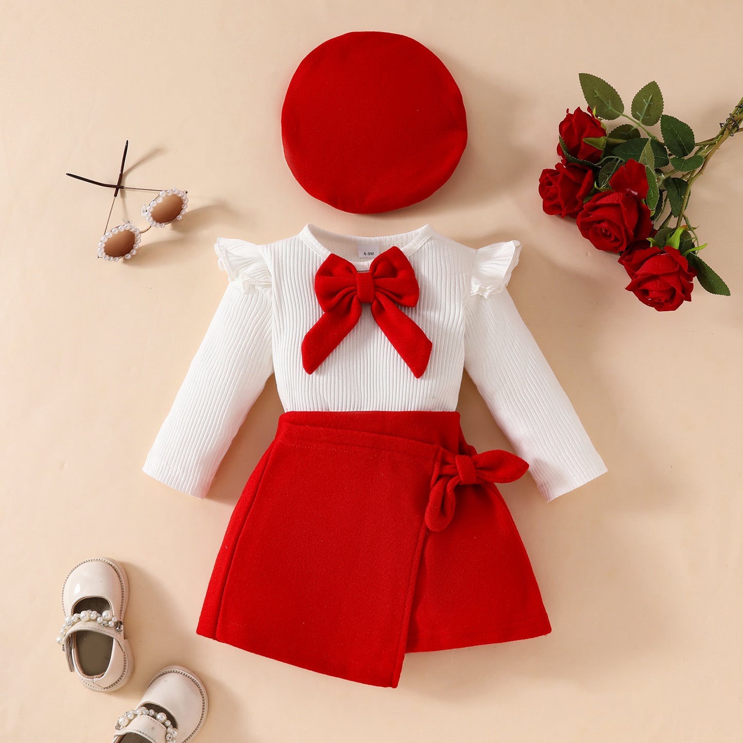 Fashionable Beret And Long-Sleeve Skirt Set For Girls