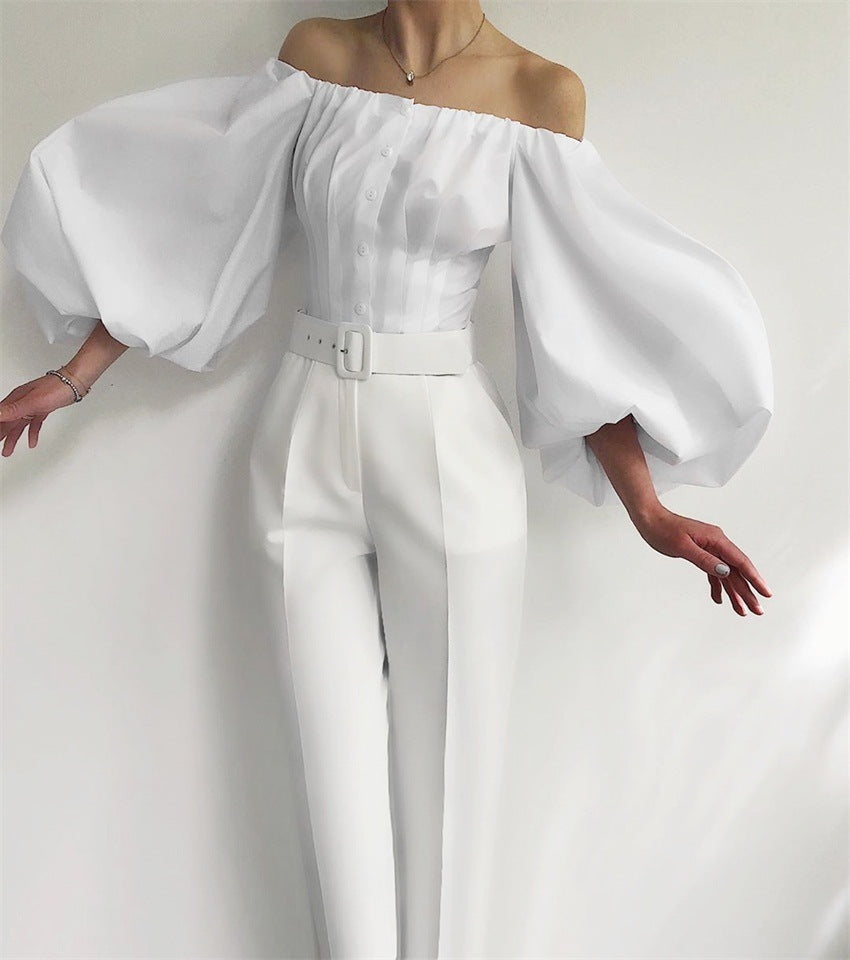 Spring And Summer New Design Sense Long Sleeve Bubble Lantern Sleeve Off-shoulder Women's Clothing Shirt