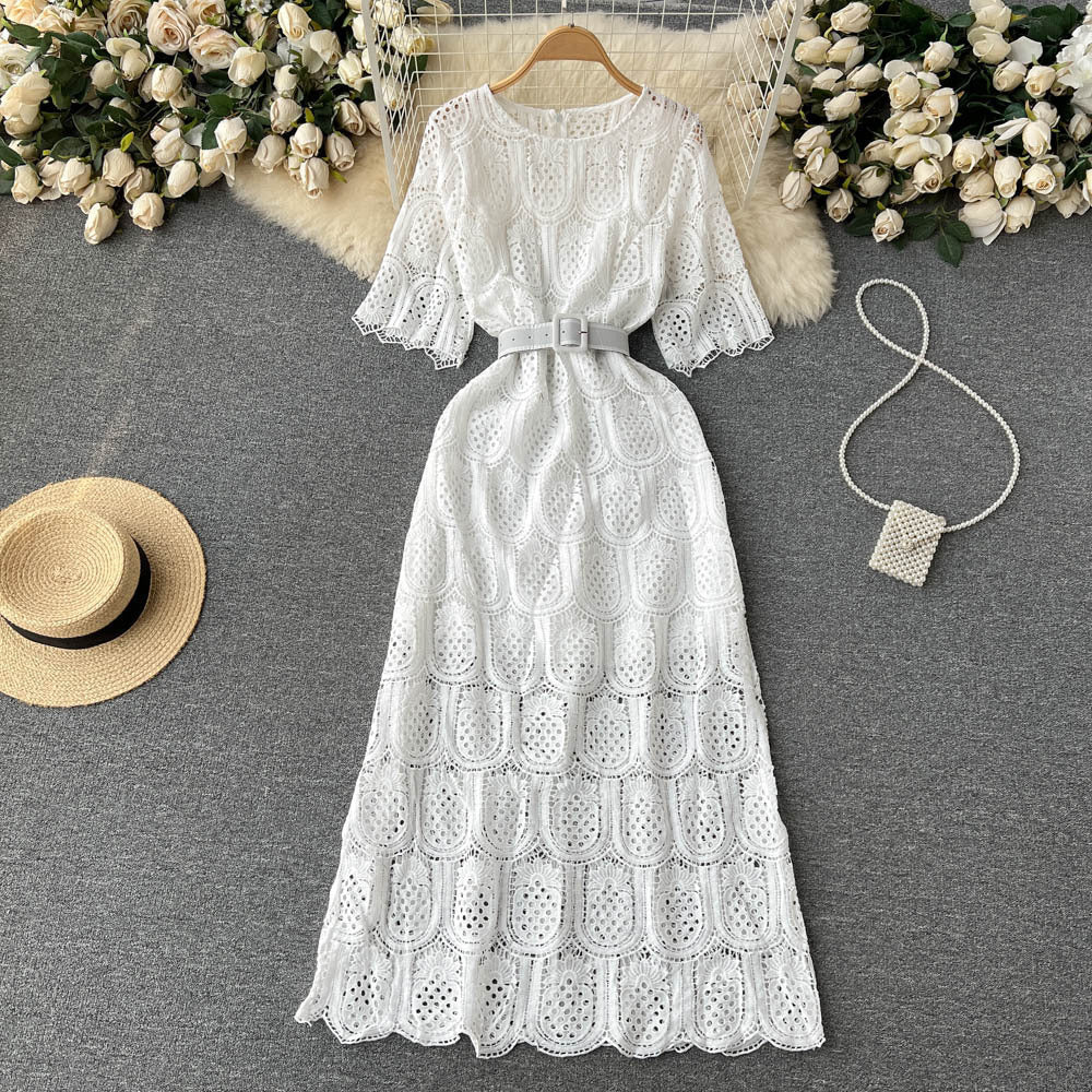 Round Neck Long Sleeve Lace Short Sleeve Crocheted Waist-slimming Long Dress