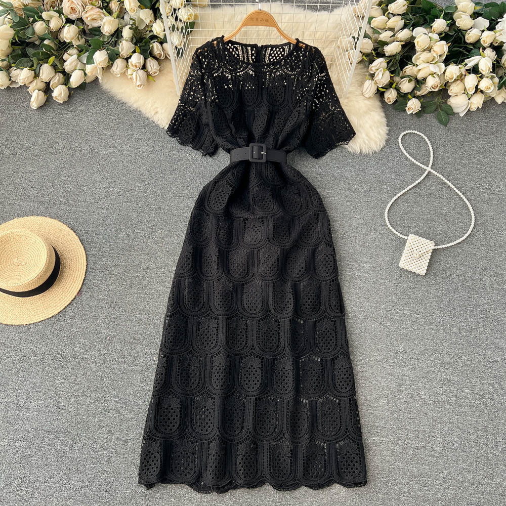 Round Neck Long Sleeve Lace Short Sleeve Crocheted Waist-slimming Long Dress