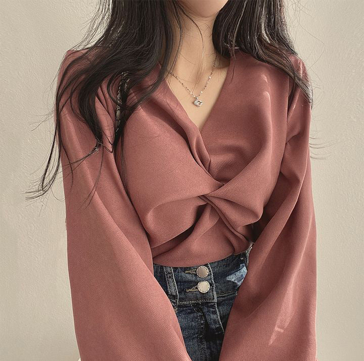 Pleated V-neck Twist Design Loose Casual Solid Color Long Sleeve