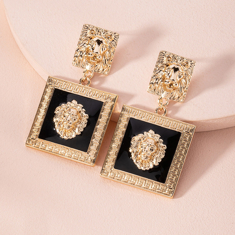 Lion Head Metal Big Lobed Geometric Enamel Square Exaggerated Punk Earrings
