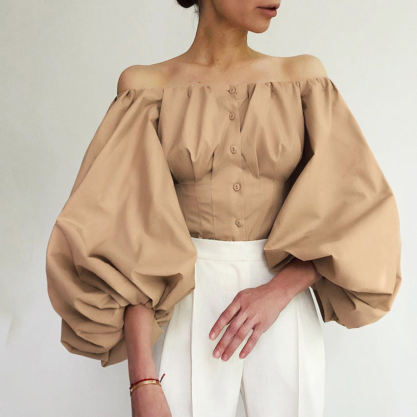 Spring And Summer New Design Sense Long Sleeve Bubble Lantern Sleeve Off-shoulder Women's Clothing Shirt