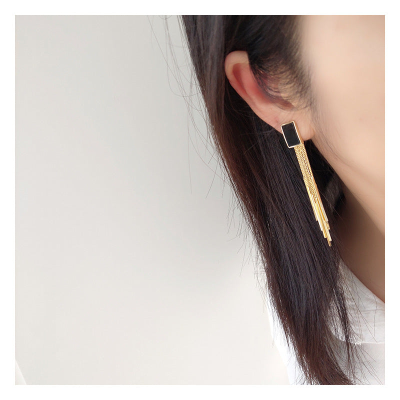 Retro Exaggerated Personality Geometric Square Black Long Tassel Fake Earrings