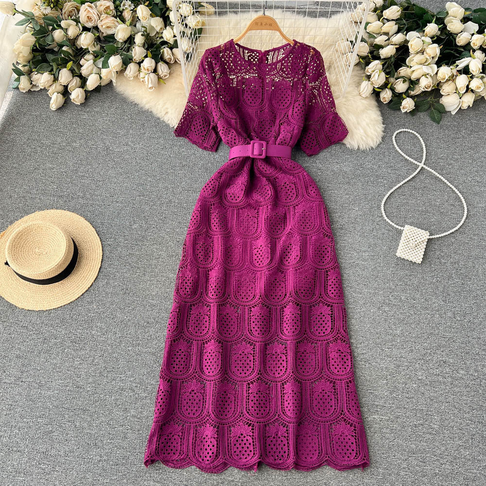 Round Neck Long Sleeve Lace Short Sleeve Crocheted Waist-slimming Long Dress