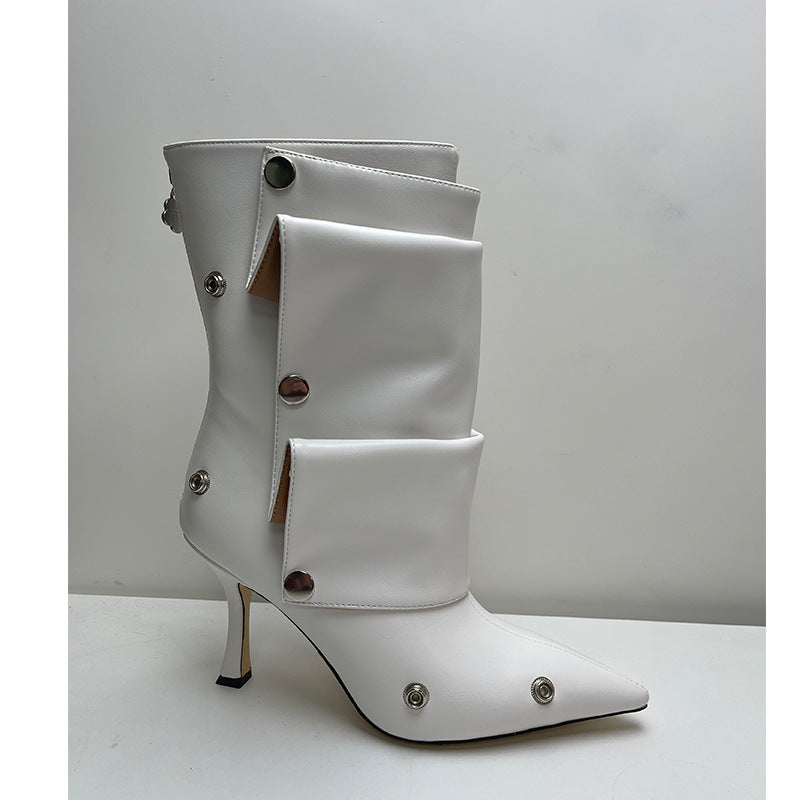 Women's High-heeled Pointed-toe Denim Patchwork Ankle Boots With Metal Studs
