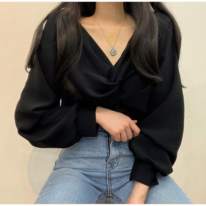 Pleated V-neck Twist Design Loose Casual Solid Color Long Sleeve