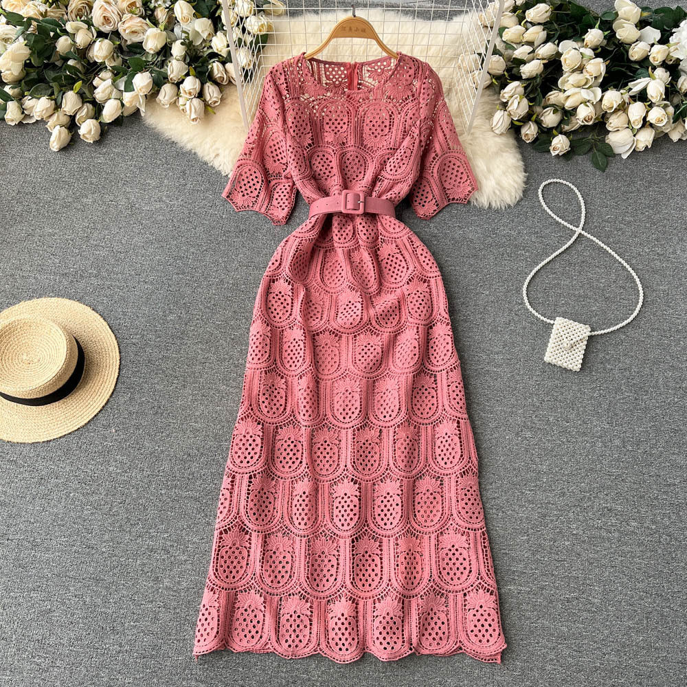 Round Neck Long Sleeve Lace Short Sleeve Crocheted Waist-slimming Long Dress