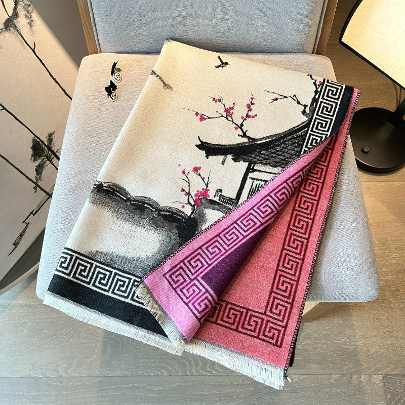 VERSACE Chinese Aesthetic Ink Painting Shawl Outer Match Autumn And Winter Warm Scarf