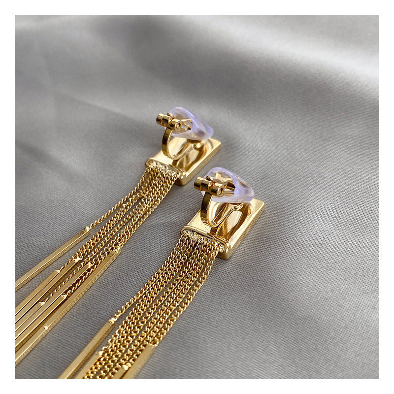 Retro Exaggerated Personality Geometric Square Black Long Tassel Fake Earrings