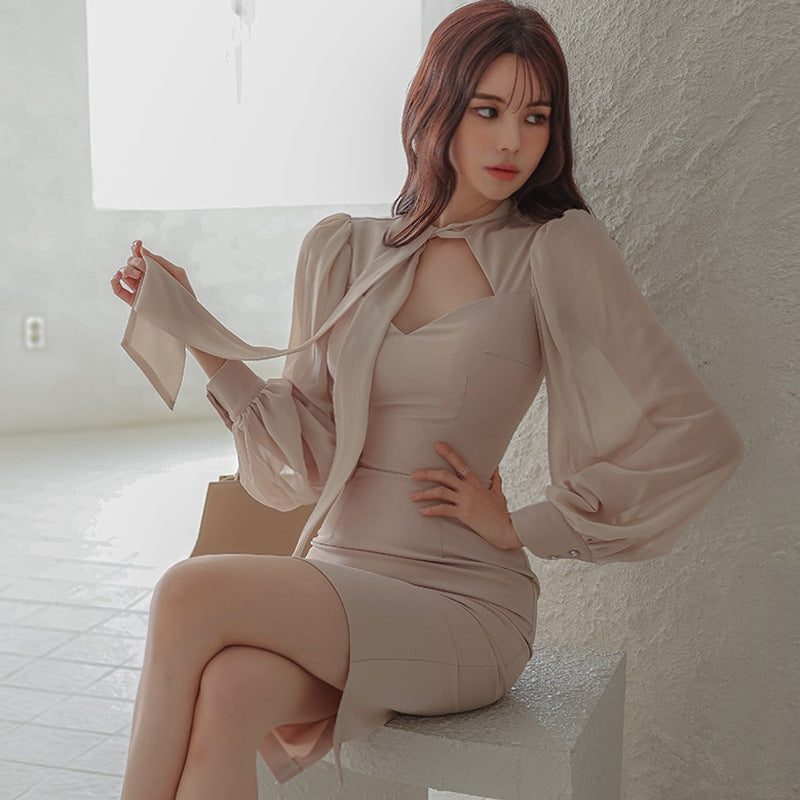 Slim-fit Lace-up Lantern Sleeve Pencil Skirt