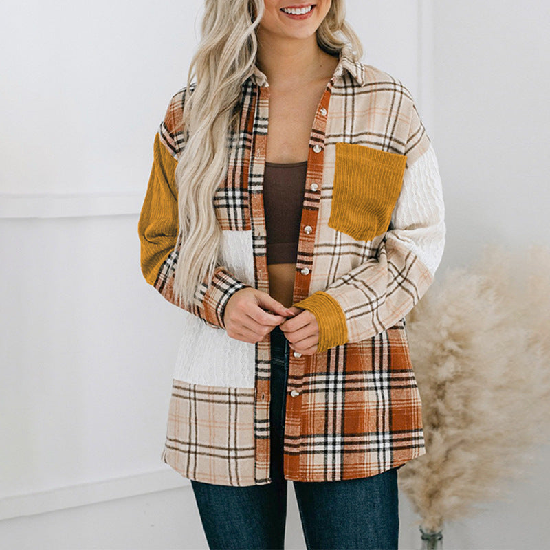 Women's Spring And Autumn New Color-contrast Check Corduroy Patchwork Pocket Women's Shirt