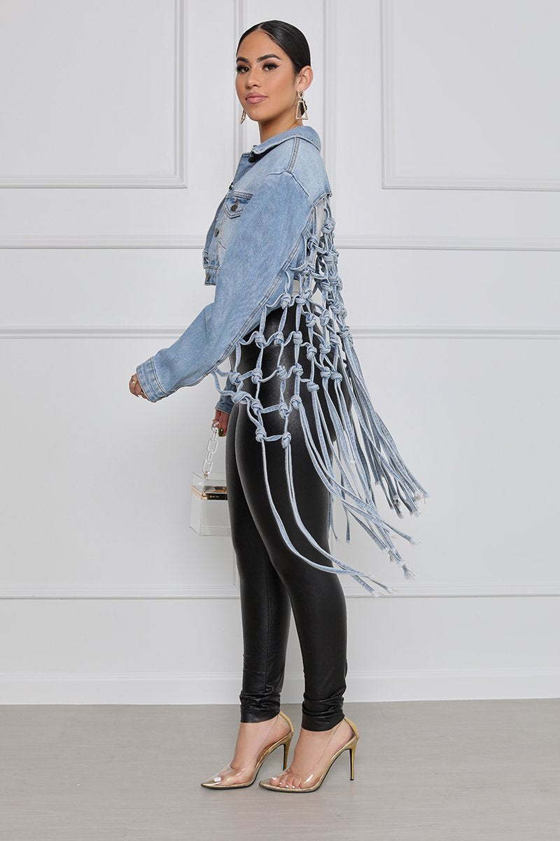 Ladies' denim jacket with mesh bangs