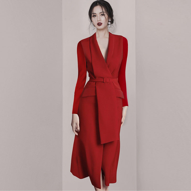 New Irregular Red Suit Collar Dress For Autumn And Winter