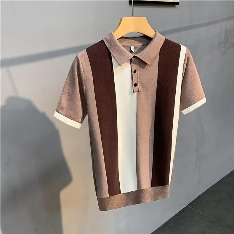 Short Sleeve Men's Vintage Stripe Personality Zipper Half Sleeve