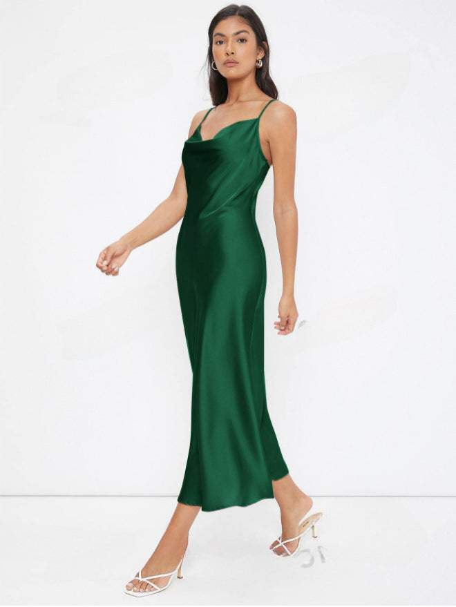 Satin Sling Deep V-neck Slim Fit Fashion Solid Color Dress