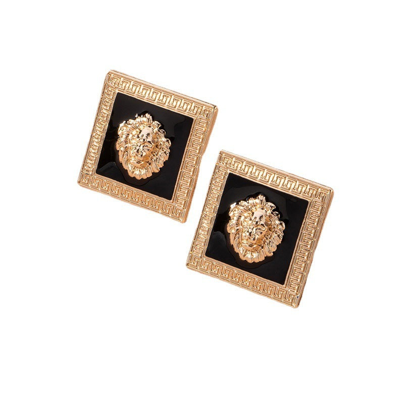 Lion Head Metal Big Lobed Geometric Enamel Square Exaggerated Punk Earrings