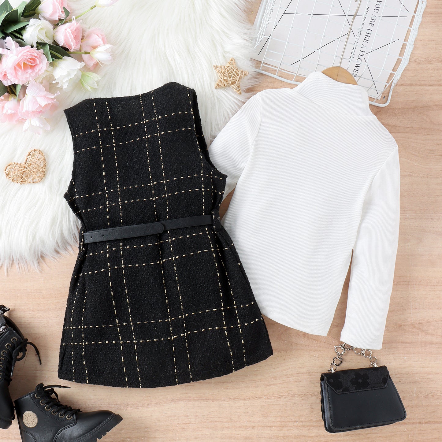 Turtleneck Ribbed Long-sleeve T-shirt And Belt Set