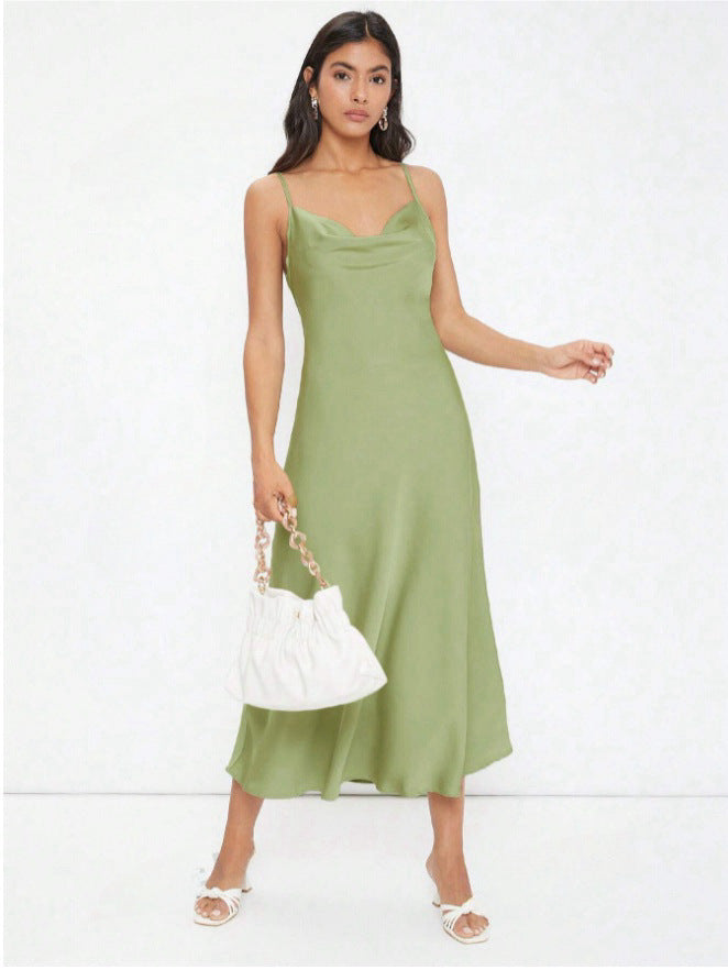 Satin Sling Deep V-neck Slim Fit Fashion Solid Color Dress