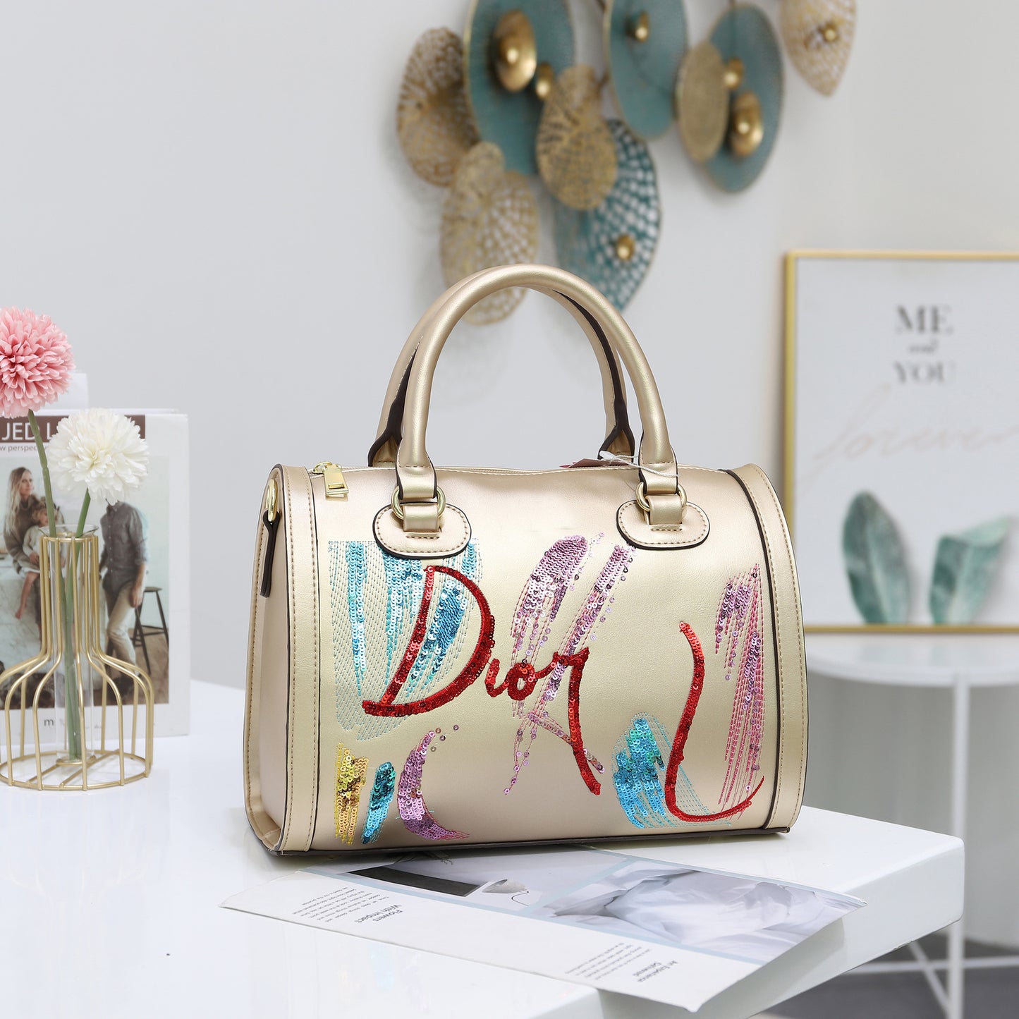 DIOR Round Women's Pu embroidered handbag