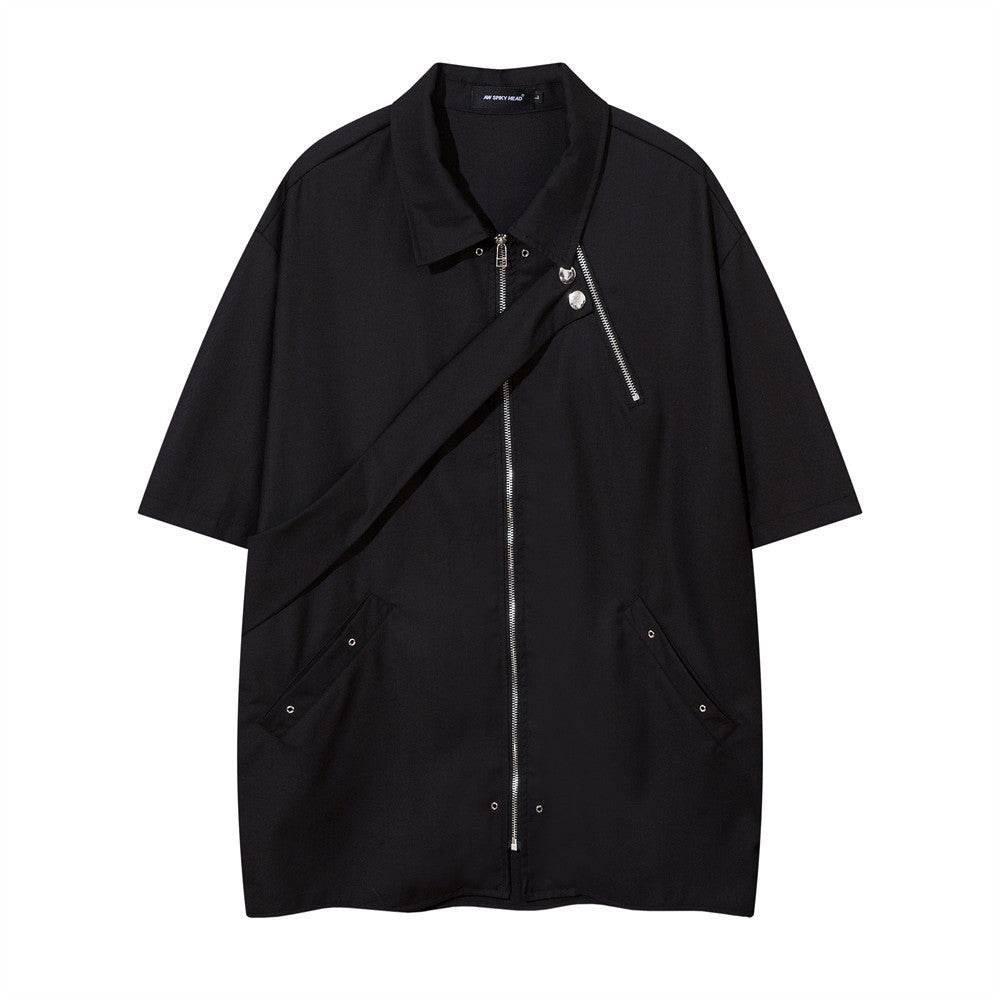 Decorative Zipper Short Sleeve Shirt Men's Loose