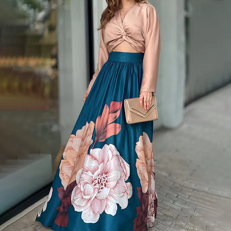 Women's Long Sleeve Printed Shirt Long Skirt Two-piece Set