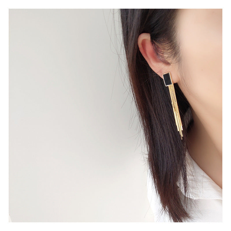 Retro Exaggerated Personality Geometric Square Black Long Tassel Fake Earrings